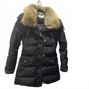 Michael Kors Black Puffer Coat with Faux Fur Collar
